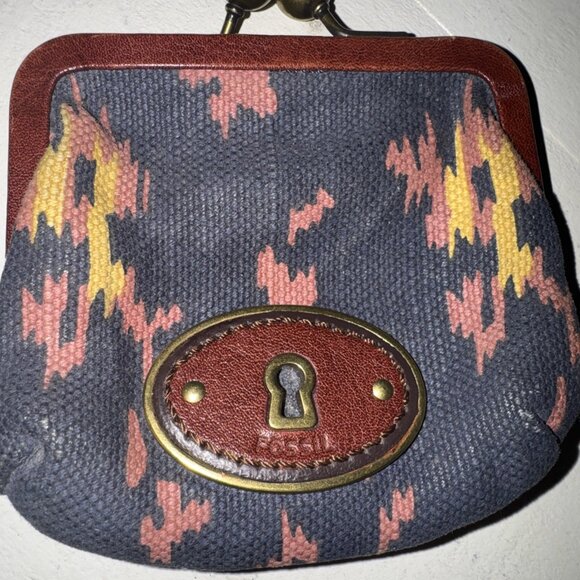 VTG Fossil Kisslock Key-Per Coin Purse Canvas Aztec Leather Accent - Picture 2 of 14